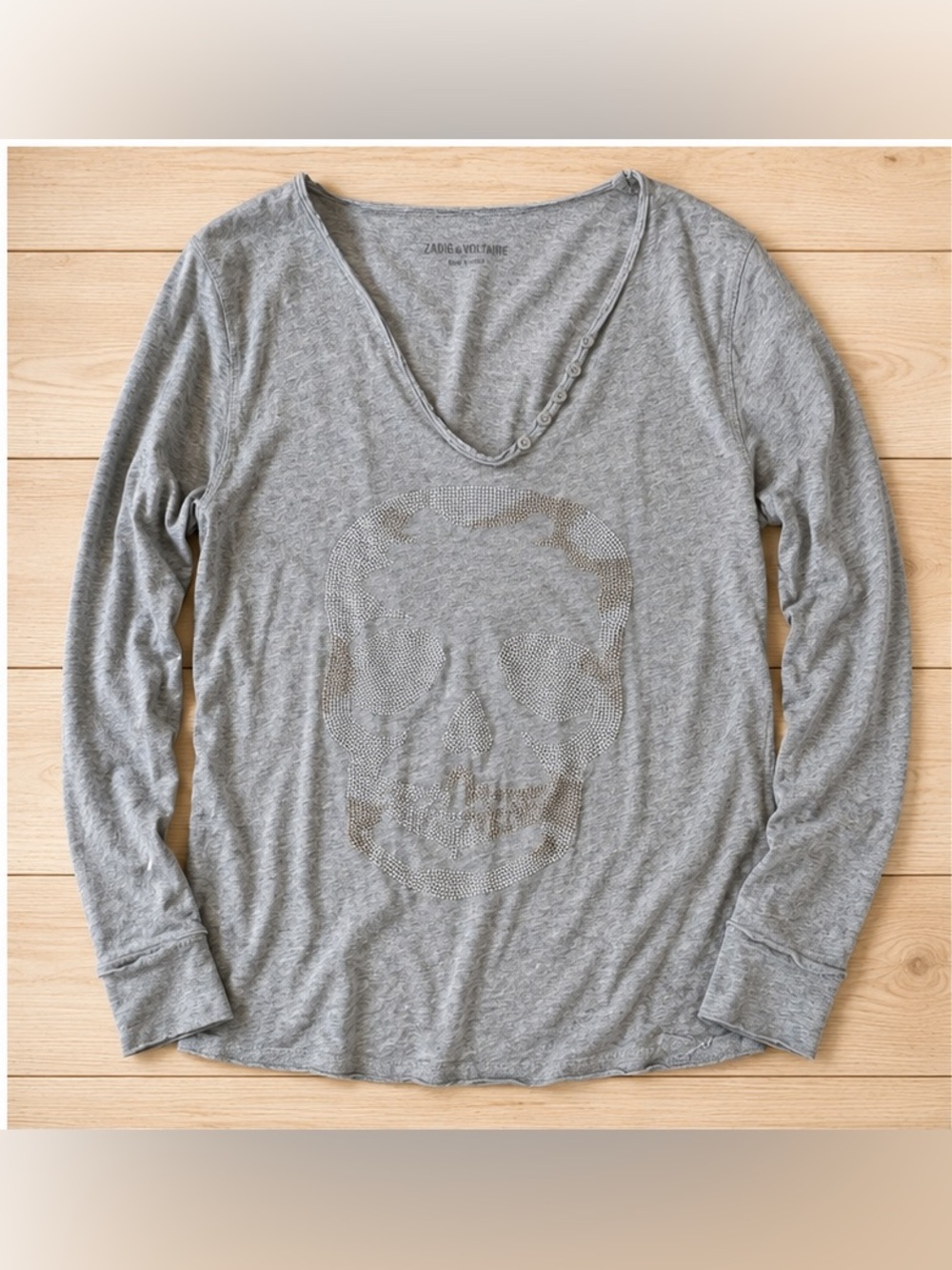 Zadig & Voltaire Gray Long Sleeve Tee with Rhinestone Skull - Picture 1 of 7